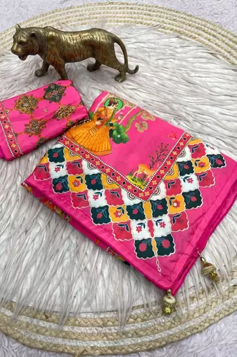 Pink Color Printed And Latkan Work Silk Blend Saree