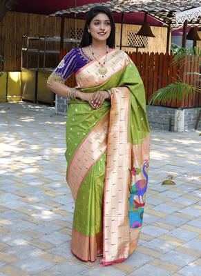 Parrot green silk blend paithani saree with peacock pallu, golden zari border 1