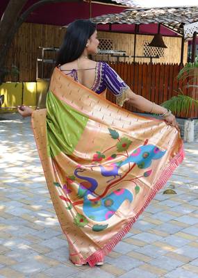 Parrot green silk blend paithani saree with peacock pallu, golden zari border 2