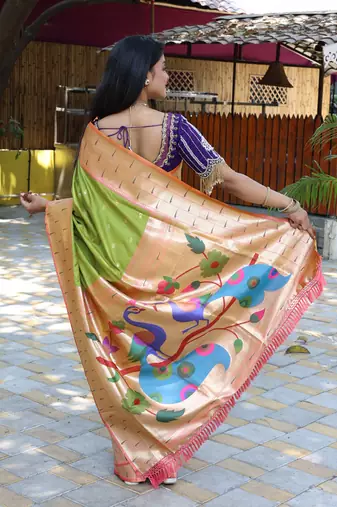 Parrot green silk blend paithani saree with peacock pallu, golden zari border