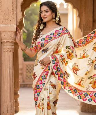 White Color Printed And Latkan Work Silk Blend Saree 1