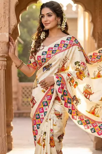 White Color Printed And Latkan Work Silk Blend Saree