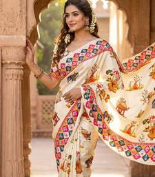 White Color Printed And Latkan Work Silk Blend Saree
