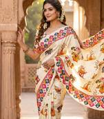 White Color Printed And Latkan Work Silk Blend Saree