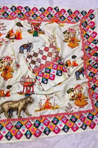 White Color Printed And Latkan Work Silk Blend Saree