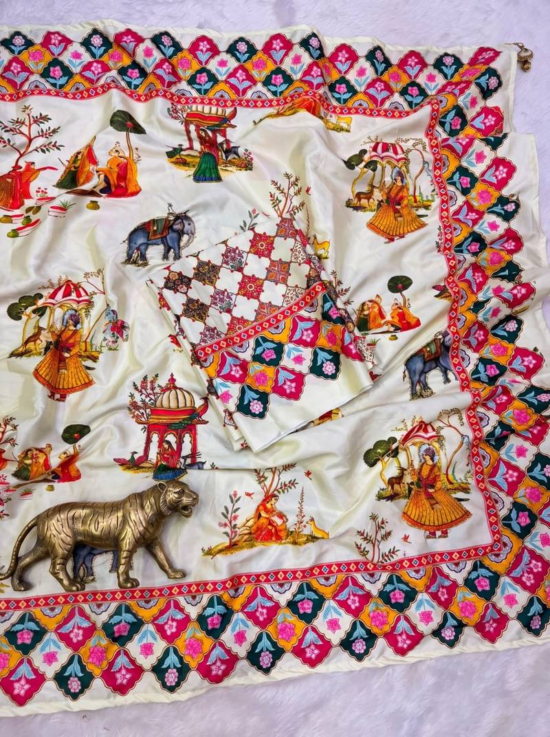 White Color Printed And Latkan Work Silk Blend Saree