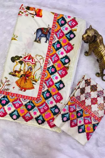 White Color Printed And Latkan Work Silk Blend Saree