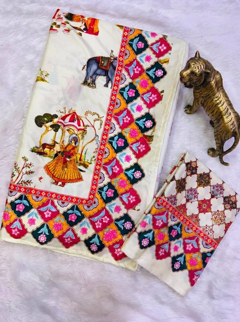 White Color Printed And Latkan Work Silk Blend Saree