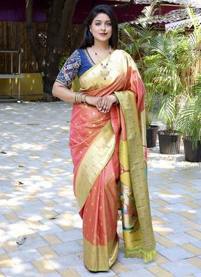 Salmon pink silk blend paithani saree with peacock pallu, golden zari border 1