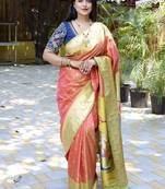 Salmon pink silk blend paithani saree with peacock pallu, golden zari border
