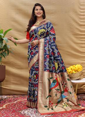 Navy blue patola silk blend saree with bird motif paithani pallu and zari border 1