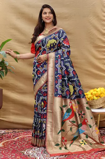 Navy blue patola silk blend saree with bird motif paithani pallu and zari border