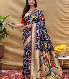 Navy blue patola silk blend saree with bird motif paithani pallu and zari border