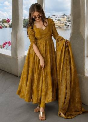 Mustard pure cotton bandhani style floral printed anarkali kurta set with dupatta 1