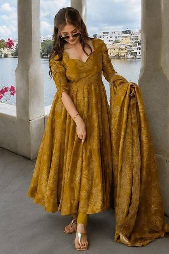 Mustard pure cotton bandhani style floral printed anarkali kurta set with dupatta