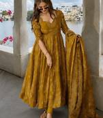 Mustard pure cotton bandhani style floral printed anarkali kurta set with dupatta