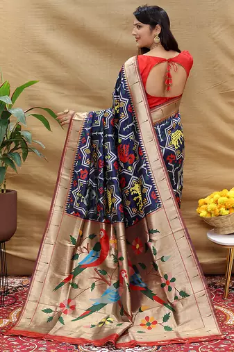 Navy blue patola silk blend saree with bird motif paithani pallu and zari border