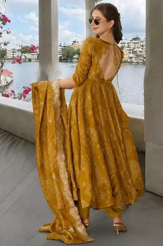Mustard pure cotton bandhani style floral printed anarkali kurta set with dupatta