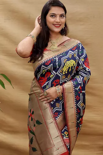 Navy blue patola silk blend saree with bird motif paithani pallu and zari border