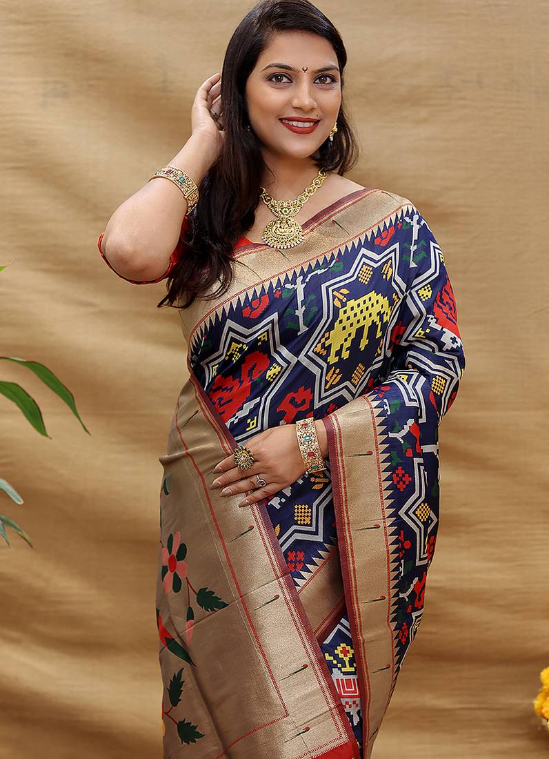 Navy blue patola silk blend saree with bird motif paithani pallu and zari border
