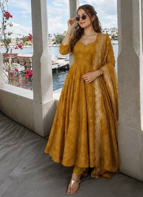 Mustard pure cotton bandhani style floral printed anarkali kurta set with dupatta 3
