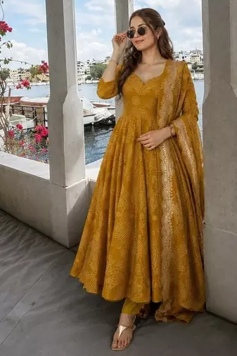 Mustard pure cotton bandhani style floral printed anarkali kurta set with dupatta