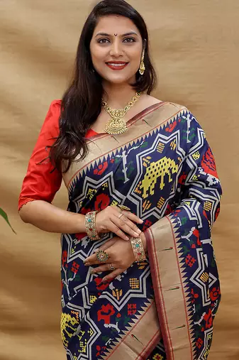 Navy blue patola silk blend saree with bird motif paithani pallu and zari border