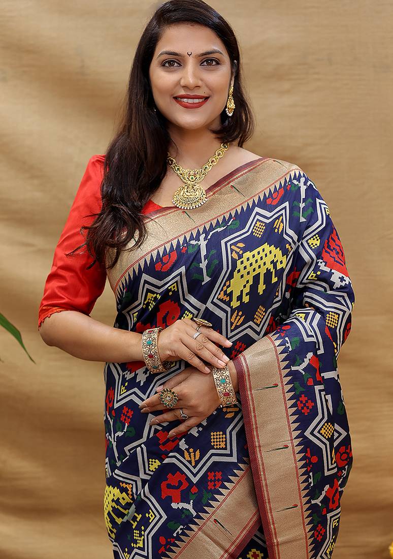 Navy blue patola silk blend saree with bird motif paithani pallu and zari border