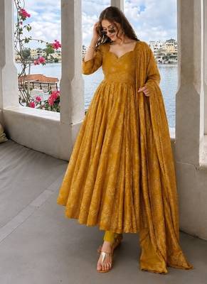 Mustard pure cotton bandhani style floral printed anarkali kurta set with dupatta 4
