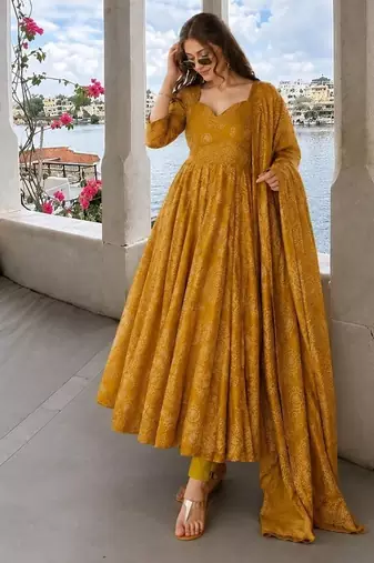 Mustard pure cotton bandhani style floral printed anarkali kurta set with dupatta