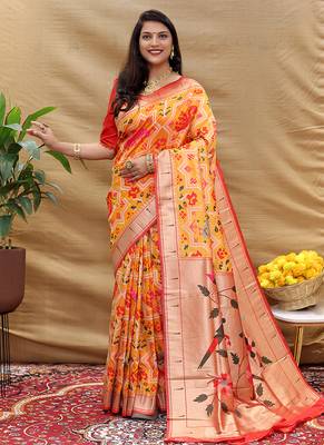 Mustard patola silk blend saree with bird motif paithani pallu and zari border 1
