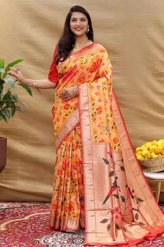 Mustard patola silk blend saree with bird motif paithani pallu and zari border