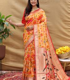 Mustard patola silk blend saree with bird motif paithani pallu and zari border