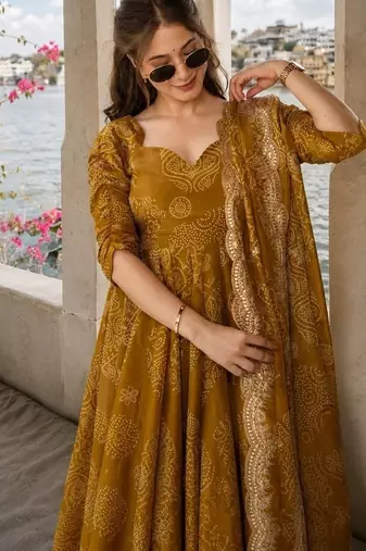 Mustard pure cotton bandhani style floral printed anarkali kurta set with dupatta
