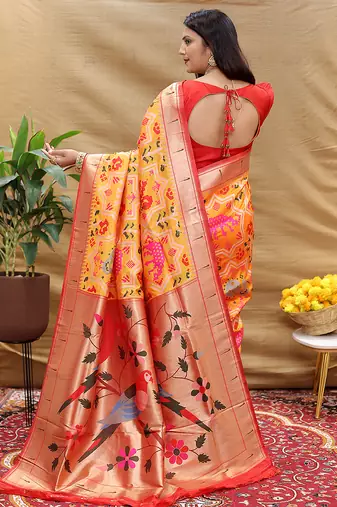 Mustard patola silk blend saree with bird motif paithani pallu and zari border