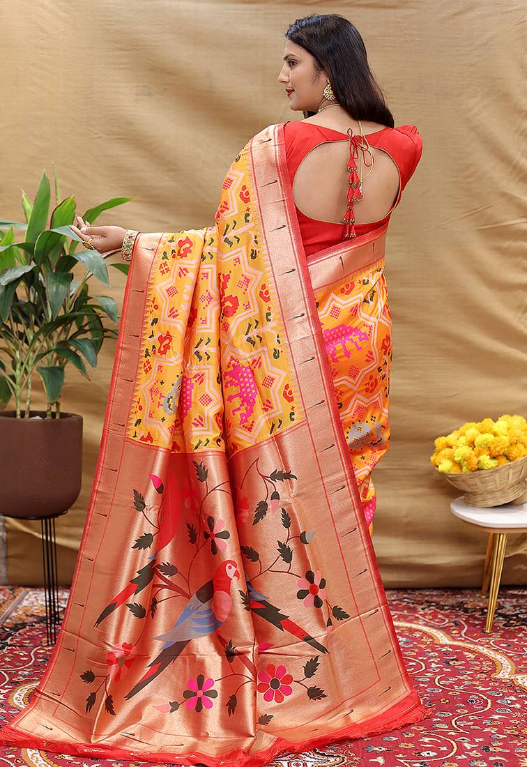 Mustard patola silk blend saree with bird motif paithani pallu and zari border