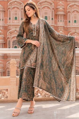 Green cotton paisley style floral printed short kurta set with dupatta