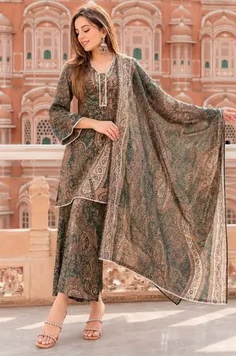 Green cotton paisley style floral printed short kurta set with dupatta