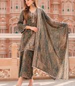 Green cotton paisley style floral printed short kurta set with dupatta