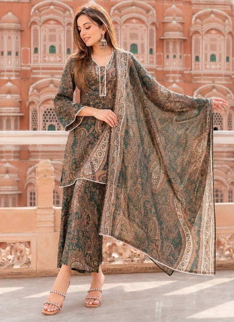 Green cotton paisley style floral printed short kurta set with dupatta