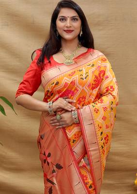 Mustard patola silk blend saree with bird motif paithani pallu and zari border 3