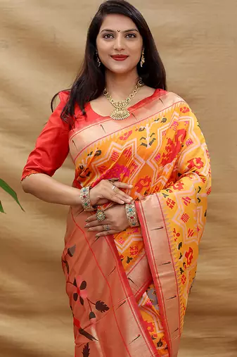 Mustard patola silk blend saree with bird motif paithani pallu and zari border