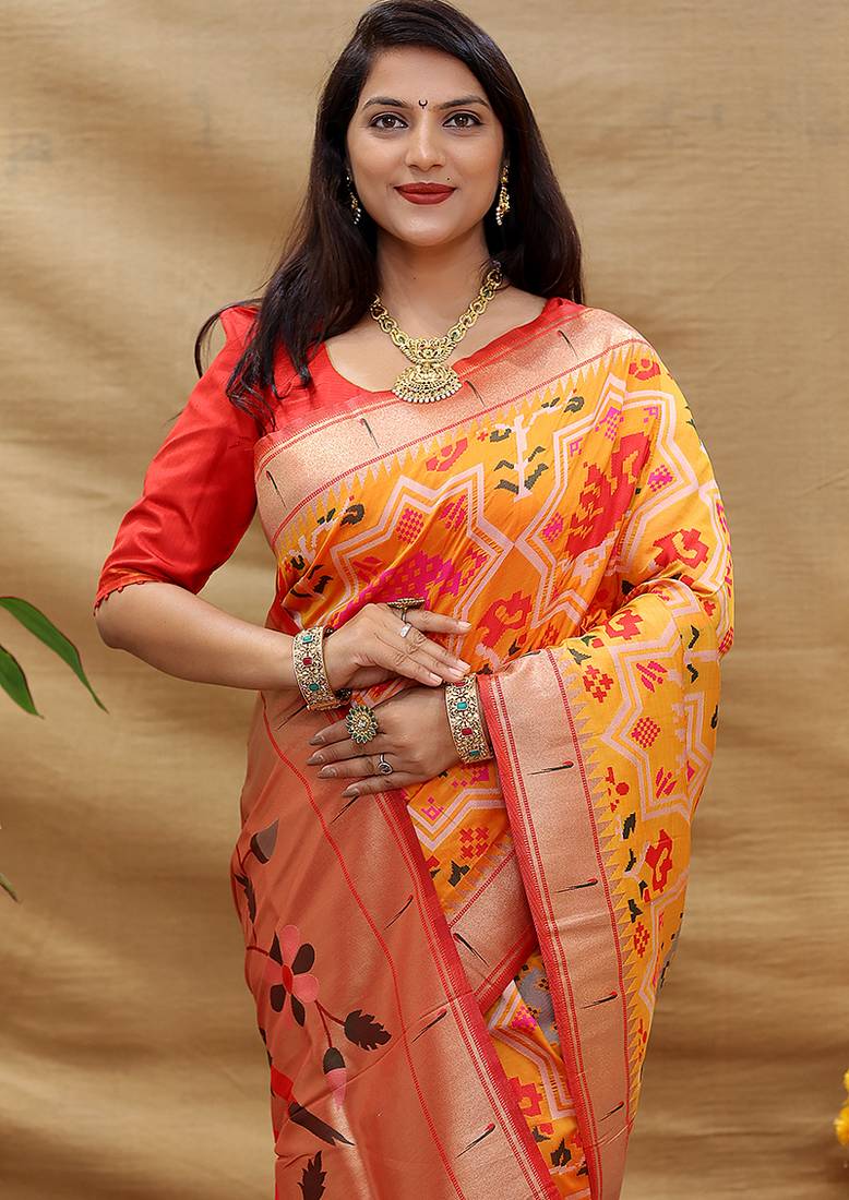 Mustard patola silk blend saree with bird motif paithani pallu and zari border