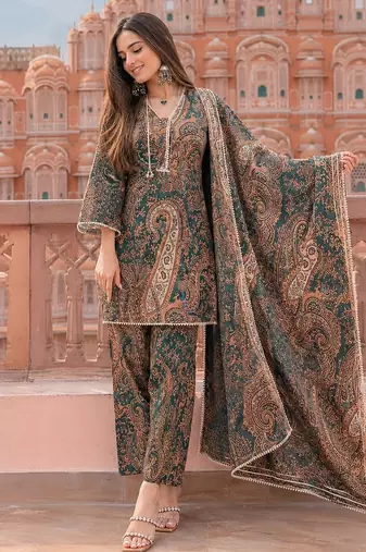 Green cotton paisley style floral printed short kurta set with dupatta
