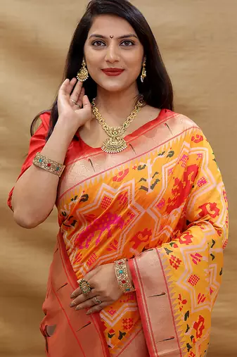 Mustard patola silk blend saree with bird motif paithani pallu and zari border