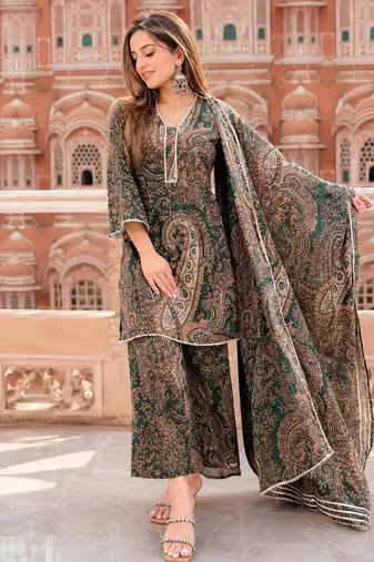 Green cotton paisley style floral printed short kurta set with dupatta