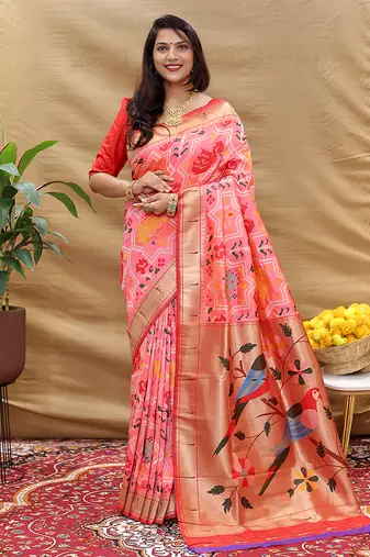 Pink patola silk blend saree with bird motif paithani pallu and zari border