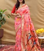 Pink patola silk blend saree with bird motif paithani pallu and zari border