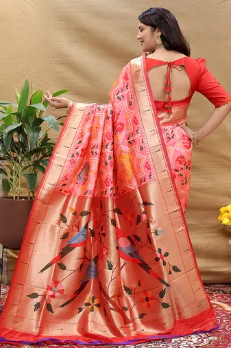 Pink patola silk blend saree with bird motif paithani pallu and zari border
