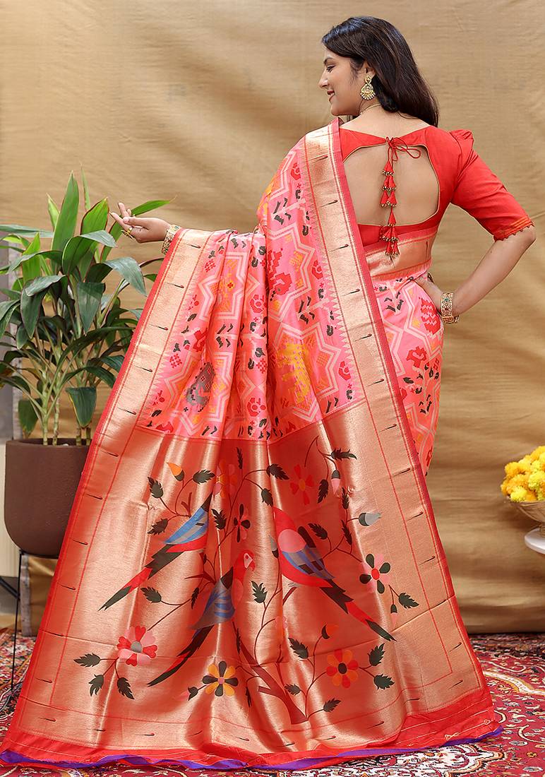 Pink patola silk blend saree with bird motif paithani pallu and zari border
